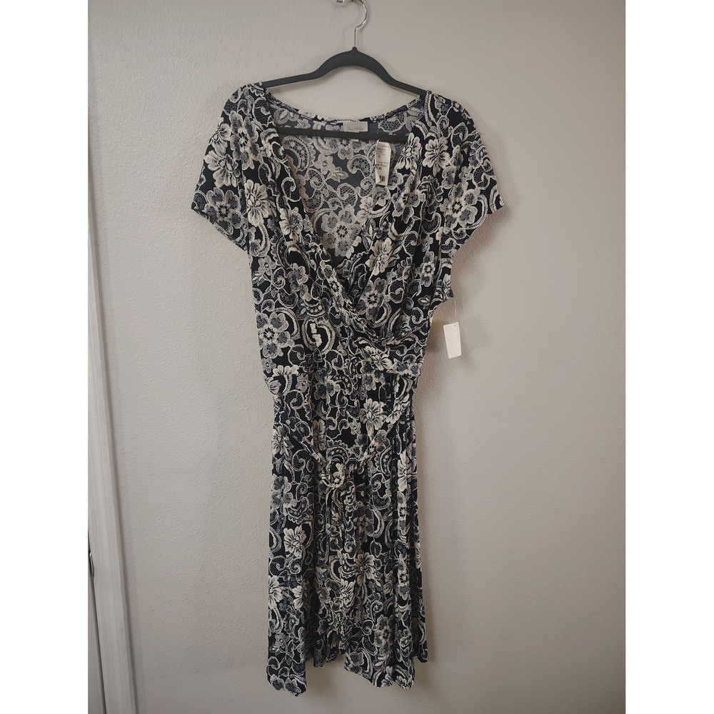 Olivia Matthews Womens 3X Faux Wrap Dress Navy White Floral Lace Print Midi NWT
